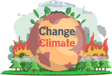 Change climate concept with brown globe and burning coniferous forest at distance. Ecological...