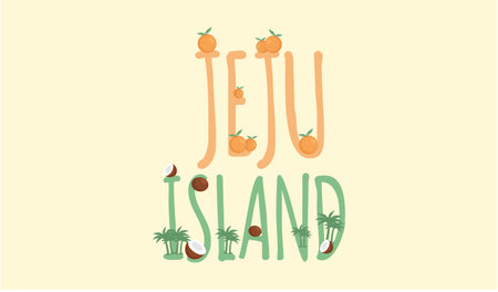 Jeju island in South Korea, tourist tour banner. Summer vacation, active tour with famous attraction, adventure time. Layout of postcard to island for travelers. Jeju, Korean nature and landscapeのイラスト素材