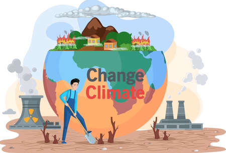 People are trying to save environment on Earth. Planet surrounded by factory pipes and lifeless land with cracks, environmental pollution, factories pollute air with smoke, ecological disasterのイラスト素材