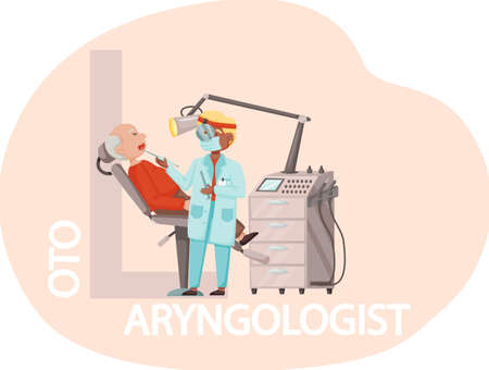 Medical treatment and healthcare concept consultation and diagnosis. Adult man on medical check-up with otolaryngologist in hospital. Doctor doing physical examination of throat with special equipmentのイラスト素材