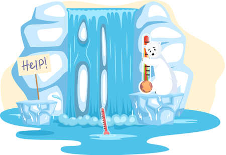 Small polar white bear sitting on melting ice in sea at North pole Arctic, animal need help. Global warming concept, climate change. Increasing earth temperature. Melting glaciers of north poleのイラスト素材