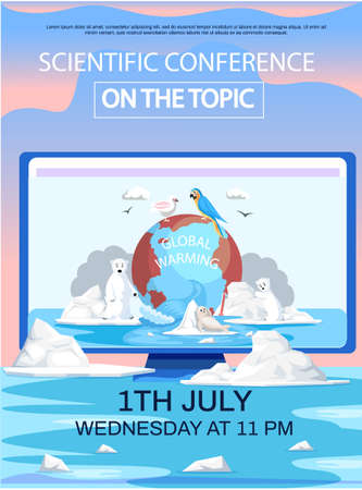 Online scientific conference about global warming. Advertisement for conference about animals during climate change. Polar animals around planet during melting of glaciers on computer monitorのイラスト素材