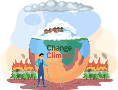 Man cares about planet watering dead tree. Dried, hot and lifeless land with cracks. Change climate,...