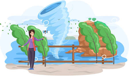Destructive tornado natural phenomenon. Woman takes selfie on background of funnel with wind over water. Huge vortex lifted into air plants and trees. Natural disaster, thunderstorm, climate changeのイラスト素材