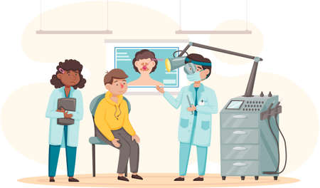 Health care, medical examination, patient at doctor s appointment. Nurse and doctor treating man s sinusitis in hospital. Sick person diagnosing consulting in office of otolaryngologist with equipmentのイラスト素材