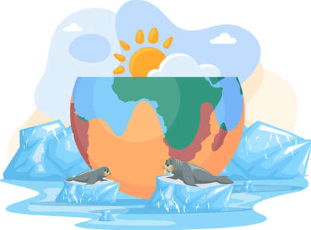 Temperature rising and animal extinction concept. Melting glaciers, global warming and climate change. Walruses lie on glaciers melting due to heat. Polar animals during global warming on planetのイラスト素材