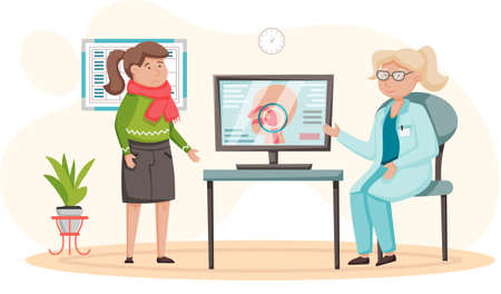 Otolaryngologist doctor with nose, ear and throat or ENT diagnostic and treatment instruments. Otology doctor with patient. Otorhinolaryngology healthcare medicine or otolaryngology diseasesのイラスト素材