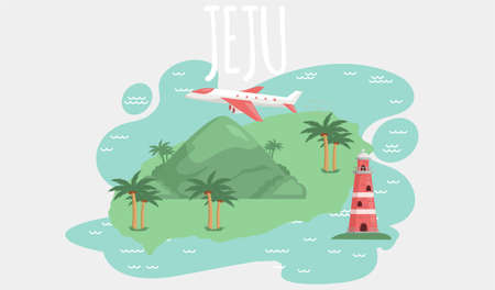 Jeju island in South Korea, tourist tour banner. Summer vacation, active tour with famous attraction, adventure time. Layout of postcard to island for travelers. Jeju, Korean nature and landscapeのイラスト素材