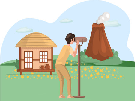 Adventure and travel, outdoor activities, summer vacations and excursions, enjoy beautiful nature. Male tourist looking through binoculars at sights. Traveler with spyglass travel around countryのイラスト素材