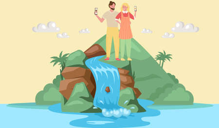 Couple take selfie stand near lake in mountaines landscape with waterfall. Traveler photographing famous landmark in beautiful island in summer vacation. Tourist attraction of wonderful place of visitのイラスト素材