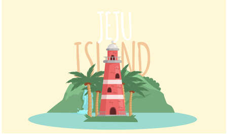 Jeju island in South Korea, tourist tour banner. Summer vacation, active tour with famous attraction, adventure time. Layout of postcard to island for travelers. Jeju, Korean nature and landscapeのイラスト素材