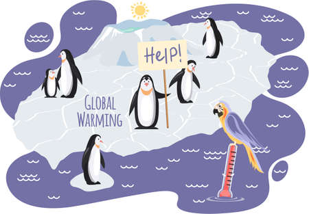 Wild birds living in antarctica suffer from global warming. Cute penguins on ice floe asking for help during global warming. Melting glaciers due to rising planet temperature vector illustrationのイラスト素材