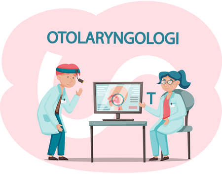 Otolaryngologist doctor with nose, ear and throat or ENT diagnostic and treatment instruments. Otology doctor with patient. Otorhinolaryngology healthcare medicine or otolaryngology diseasesのイラスト素材