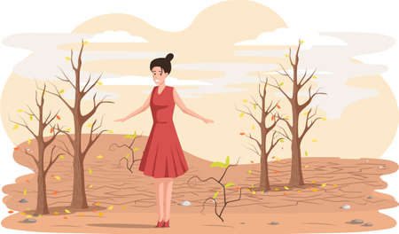 Dried, hot and lifeless land with cracks. Change climate concept, environmental pollution theme with sad woman stands near withered tree felling and urban growth, dead plant, spoiled ecologyのイラスト素材