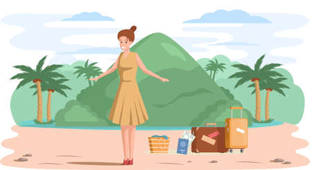 Woman in journey through tropical island with palm trees and mountaines, summer vacation, tourism, leisure. Traveling by landmarks in mountain. Female tourist travels looks at natural landscapeのイラスト素材