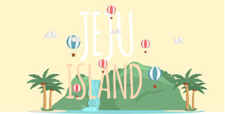 Jeju island in South Korea, tourist tour banner. Summer vacation, active tour with famous attraction, adventure time. Layout of postcard to island for travelers. Jeju, Korean nature and landscapeのイラスト素材