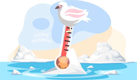 Polar bird during climate change and global warming. Animals in global warming concept. Polar gull stands on thermometer. Animal suffers from heat. Increase in water temperature affects faunaのイラスト素材