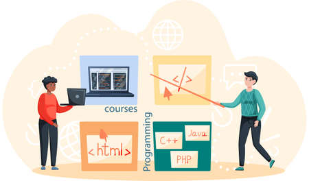 Programming courses online education, coding learning. Information technology teaching, IT lessons for programmers, computing and hi tech training concept. Software development educational platformのイラスト素材