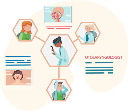 Otolaryngologist doctor with nose, ear and throat or ENT diagnostic and treatment instruments. Otology doctor with patient. Otorhinolaryngology healthcare medicine or otolaryngology diseasesのイラスト素材
