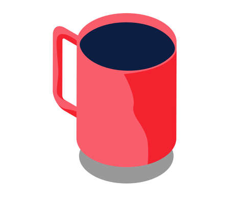 Cup of coffee with shadow filled with dark drink. Red mug with hot tea isolated on white background. Warm drink attribute of good morning, porcelain cup with handle, espresso in cafe or restaurantのイラスト素材