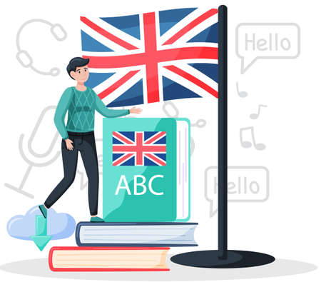 Language classes online with education platform, English lessons. Foreign speech study at home using computer. Instructor leads video lesson on computer teaches students, distance classes via internetのイラスト素材