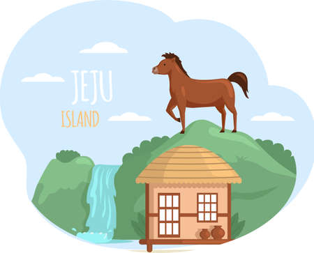 Jeju island in South Korea, Asian village old house vector art. Thatched-roof rural hut, horse country animal in mountaine meadow. Traditional house in Korean people settlement. Layout of postcardのイラスト素材