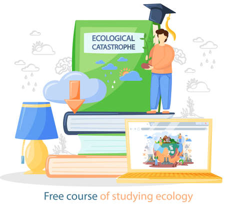 Free course of studying ecology. Webinar, online education, training group conversation via internet platform. Students receive knowledge remotely on course, study problems of ecological catastropheのイラスト素材