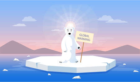 Sad polar bear escapes melting glacier. Animals during global warming concept. Cute polar bear standing on iceberg is afraid of global warming. Animal on ice floe melting due to climate changeのイラスト素材
