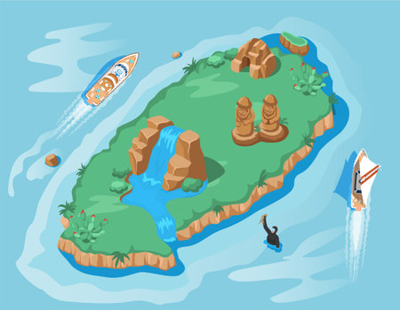 Yacht in raid near beautiful tropical island. Scuba diver in water explores ocean. Diving in open sea boat trips. Summertime beach holiday. Sea travel and entertainment. Underwater extreme in vacationのイラスト素材