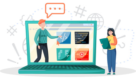 Online education concept. E-learning, home schooling. Student works on laptop studying lessons remotely, receive knowledge. Web courses or tutorials. Education platform modern digital technologiesのイラスト素材