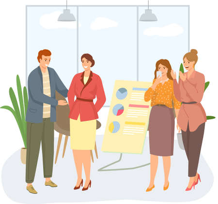 Happy woman or girl businesswoman receives congratulations from their colleagues in office. Clerk got promotion at work. Business team communication, corporate unity and effective interactionのイラスト素材