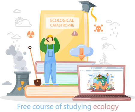 Free course of studying ecology banner. Ecologist scientist taking care of nature and study ecological environment with education platform. Ecological activist for protection of air, soil and waterのイラスト素材