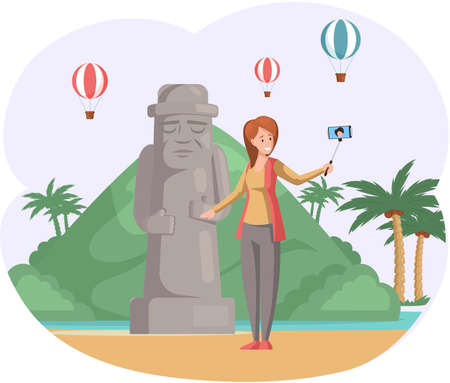 Female tourist travels, takes selfie near stone figure. Woman in journey on tropical island with palm trees and hot air balloons in mountaines summer vacation tourism leisure. Traveling by landmarksのイラスト素材