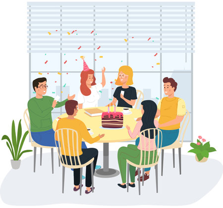 Birthday party in office flat vector illustration. Workers organize holiday, congratulate boss. Interaction, entertainment at workplace. Business team celebrate giving gifts and cake to colleagueのイラスト素材
