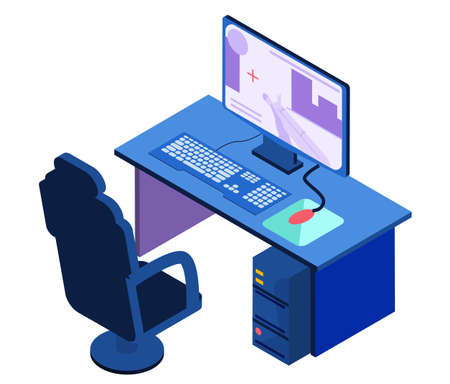 Isometric gamer setup chair, keyboard, mouse speaker computer display tablet table isolated vector illustration cybersport. Gamers seat at computer at desk with system unit and monitor, game equipmentのイラスト素材