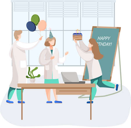 Birthday party in hospital, fun entertainment in medical office. Doctors organize holiday congratulate colleague. Interaction, entertainment at workplace. Team of medics giving gifts and cakeのイラスト素材