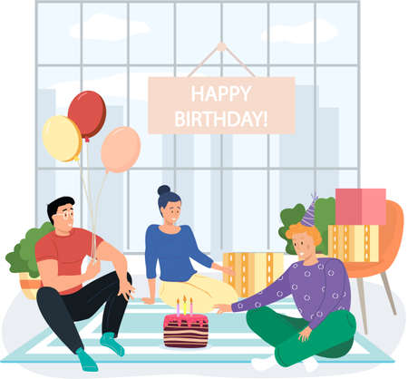Happy Birthday party at home with friends. Company of young people celebrates holiday with cake and gifts. Congratulations to friend. Fun birthday boy blows out candles on cake, greeting eventのイラスト素材