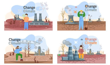 Change climate planet Earth is suffers from human activity scenes set. Factories and manufactories violate environment. Human bring to nature explosions deforestation upset people on devastated groundのイラスト素材