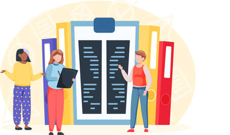 Creative concept of education. Student stands near stack of books. Back to school. Learning process. Business people communicate at meeting, folders with documents, meetup, conversation in officeのイラスト素材