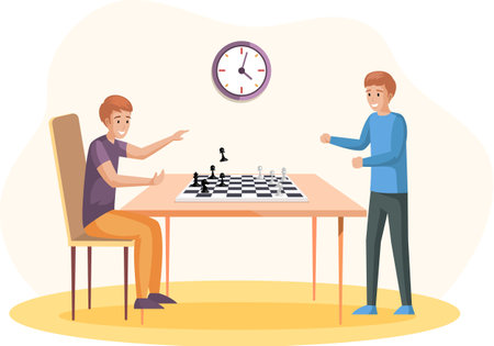 Male characters sitting at table and playing chess in living room. Person holding in hand chess figure. Brathers spend time together and have fun. Family playing strategy logic game at homeのイラスト素材