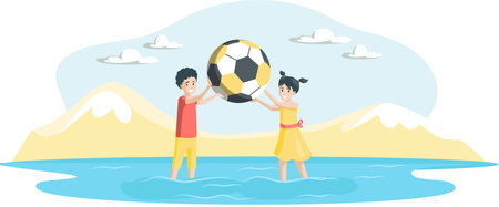 Happy kids playing beach ball in sea under sun. Small children in summer vacation playing volleyball tossing ball to each other. Hot sand, childhood of boy and girl, brother and sister friendsのイラスト素材