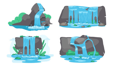 Falling water. River waterfall falls from cliff white background. Water fall streams. Picturesque tourist attraction with small waterfall and clear water. Cartoon landscapes with mountains and treeのイラスト素材