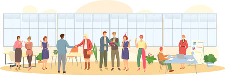 Happy woman or girl businesswoman receives congratulations from their colleagues in office. Clerk got promotion at work. Business team communication, corporate unity and effective interactionのイラスト素材