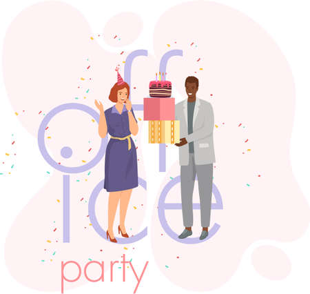 Birthday party in office flat festive banner. Workers organize holiday, congratulate associate. Interaction, entertainment at workplace. Business team giving gifts balloonns and cake to colleagueのイラスト素材