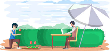 Man sits in garden, surfs internet and works remotely, break time. Person travels, makes money by teleworking. Character communicating through network on laptop. Freelance, work from anywhereのイラスト素材