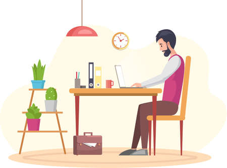 Bearded man, working person sitting at table in room and correspondence, surfing Internet. Male character communicating through network on laptop. Freelance, work from home and home office conceptのイラスト素材