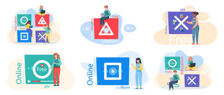 E-learning platform and online courses on laptop and smartphone, innovative education concept. Free lecture, students study by webinar training with video session, tutorial podcast vector banners setのイラスト素材