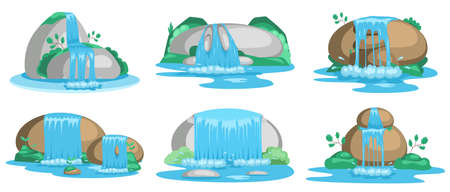 Falling water. River waterfall falls from cliff white background. Water fall streams. Picturesque tourist attraction with small waterfall and clear water. Cartoon landscapes with mountains and treeのイラスト素材