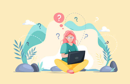 Making confusion. Woman thought about solution to problem, choose options person concept. Career, life and question decision process visualization. Person thinks hesitates to make ones choiceのイラスト素材