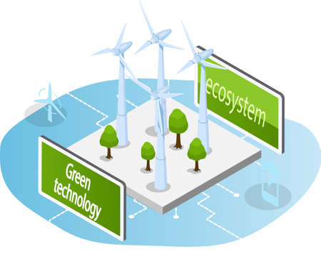 Wind generator for clean environmentally friendly alternative energy. Wind of turbines for electricity producing. Renewable net energy. Power production using green technology, industrial developmentのイラスト素材